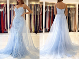 Promfast Thin Straps Mermaid Open Back Light Blue Lace Long Prom Dress, Mermaid Light Blue Formal Dress, Light Blue Lace Evening Dress HZ0527