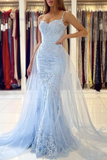 Promfast Thin Straps Mermaid Open Back Light Blue Lace Long Prom Dress, Mermaid Light Blue Formal Dress, Light Blue Lace Evening Dress HZ0527