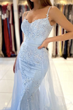 Promfast Thin Straps Mermaid Open Back Light Blue Lace Long Prom Dress, Mermaid Light Blue Formal Dress, Light Blue Lace Evening Dress HZ0527