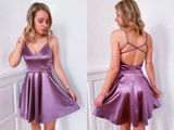 Promfast Cute V Neck Purple Short Prom Dress A Line Satin Homecoming Dress, Graduation Evening Dress HZ0527