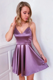 Promfast Cute V Neck Purple Short Prom Dress A Line Satin Homecoming Dress, Graduation Evening Dress HZ0527