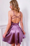 Promfast Cute V Neck Purple Short Prom Dress A Line Satin Homecoming Dress, Graduation Evening Dress HZ0527