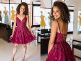 Promfast Cute V Neck Burgundy Appliques Short Prom Dress, Maroon Lace Formal Graduation Homecoming Dress HZ0527