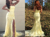 Promfast Mermaid Strapless Appliques Yellow Prom Dresses With Slit Evening Dresses HZ0527
