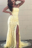 Promfast Mermaid Strapless Appliques Yellow Prom Dresses With Slit Evening Dresses HZ0527