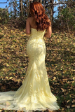 Promfast Mermaid Strapless Appliques Yellow Prom Dresses With Slit Evening Dresses HZ0527