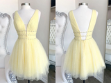 Promfast Cute yellow v neck tulle beads short prom dress yellow homecoming dress HZ0527