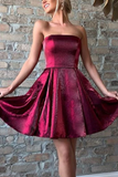 Promfast Strapless Burgundy Satin Short Homecoming Dresses, Party Dresses HZ0527