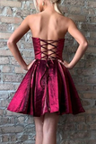 Promfast Strapless Burgundy Satin Short Homecoming Dresses, Party Dresses HZ0527
