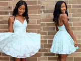 Promfast Cute A Line V Neck Lace Light Mint Green Short Homecoming Dress, Sweet 16 Dresses HZ0527