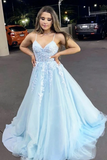 Promfast A Line V Neck Light Blue Lace Appliques Long Prom Dress, Spaghrtti Straps Formal Evening Dress HZ0527