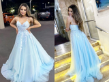 Promfast A Line V Neck Light Blue Lace Appliques Long Prom Dress, Spaghrtti Straps Formal Evening Dress HZ0527