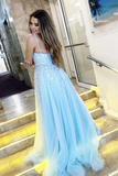 Promfast A Line V Neck Light Blue Lace Appliques Long Prom Dress, Spaghrtti Straps Formal Evening Dress HZ0527