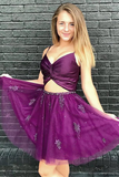 Promfast Two Pieces Purple Tulle Homecoming Dress with Beadings, Party Dress HZ0527