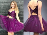 Promfast Two Pieces Purple Tulle Homecoming Dress with Beadings, Party Dress HZ0527