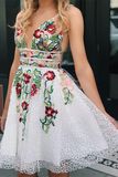 Promfast White Lace V Neck Homecoming Dresses with Floral Print Backless Short Prom Dresses HZ0527