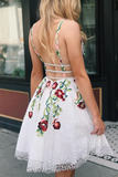 Promfast White Lace V Neck Homecoming Dresses with Floral Print Backless Short Prom Dresses HZ0527