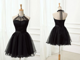 Promfast Cute Halter Black Tulle Sleeveless Beads Short Prom Dresses Homecoming Dresses HZ0527