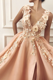 Promfast A line Pink V Neck Prom Dresses with Slit Lace Appliques Prom Gowns HZ0527
