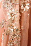 Promfast A line Pink V Neck Prom Dresses with Slit Lace Appliques Prom Gowns HZ0527
