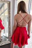Promfast Cute Red Satin A line Cross Back Spaghetti Straps Homecoming Dresses HZ0527