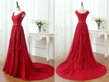 Promfast A Line Red V Neck Long Lace Prom Dresses with Cap Sleeves HZ0527