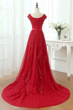 Promfast A Line Red V Neck Long Lace Prom Dresses with Cap Sleeves HZ0527