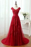 Promfast A Line Red V Neck Long Lace Prom Dresses with Cap Sleeves HZ0527