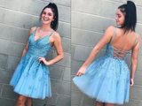 Promfast Light Blue Lace A Line V Neck Homecoming Dresses, Graduation Dress HZ0527