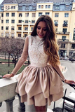 Promfast A Line High Neck Long Sleeve Pleats Open Back Satin Short Homecoming Dresses With Lace HZ0527