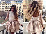 Promfast A Line High Neck Long Sleeve Pleats Open Back Satin Short Homecoming Dresses With Lace HZ0527