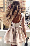 Promfast A Line High Neck Long Sleeve Pleats Open Back Satin Short Homecoming Dresses With Lace HZ0527