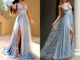 Promfast A Line Glittering Sexy Engagement Prom Dress V Neck Sleeveless Sequin Split Evening Dress HZ0527