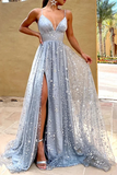 Promfast A Line Glittering Sexy Engagement Prom Dress V Neck Sleeveless Sequin Split Evening Dress HZ0527