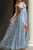 Promfast A Line Glittering Sexy Engagement Prom Dress V Neck Sleeveless Sequin Split Evening Dress HZ0527