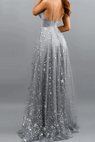 Promfast A Line Glittering Sexy Engagement Prom Dress V Neck Sleeveless Sequin Split Evening Dress HZ0527
