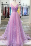 Promfast Shiny V Neck Backless Lilac Prom Dresses with Straps, Formal Dresses, Purple Evening Dresses HZ0527