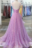 Promfast Shiny V Neck Backless Lilac Prom Dresses with Straps, Formal Dresses, Purple Evening Dresses HZ0527