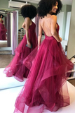 Promfast Shiny V Neck Backless Burgundy Prom Dress, Backless Maroon Formal Evening Dress HZ0527