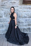 Promfast Beautiful Black Satin Prom Dresses Modest A Line Party Gowns HZ0527