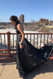 Promfast Beautiful Black Satin Prom Dresses Modest A Line Party Gowns HZ0527