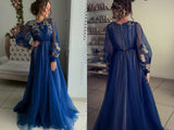 Promfast Charming A Line Long Sleeve Tulle Appliques Prom Dresses, Long Evening Dresses HZ0527