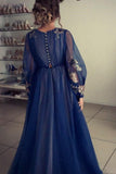 Promfast Charming A Line Long Sleeve Tulle Appliques Prom Dresses, Long Evening Dresses HZ0527