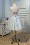 Promfast Cute Blue Strapless Tulle Homecoming Dresses with 3D Flowers Lace up Dance Dresses HZ0527