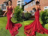 Promfast Sexy Red Mermaid Long Prom Formal Dresses with Appliques HZ0527
