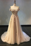 Promfast Luxury Tulle Off The Shoulder Neckline A Line Prom Dresses With Beaded Appliques HZ0527