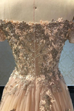 Promfast Luxury Tulle Off The Shoulder Neckline A Line Prom Dresses With Beaded Appliques HZ0527