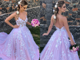Promfast Spaghetti Staps Sweep Train Lace Wedding Dress HZ0527
