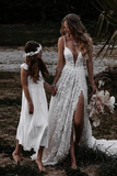 Promfast Deep V Neck A Line Lace Wedding Dresses With Slit, Spaghetti Straps Long Bridal Gowns HZ0527