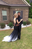 Promfast Ombre Trumpet Court Train Capeed Sleeve Appliques Side Slit Prom Dress, Formal Dress HZ0527